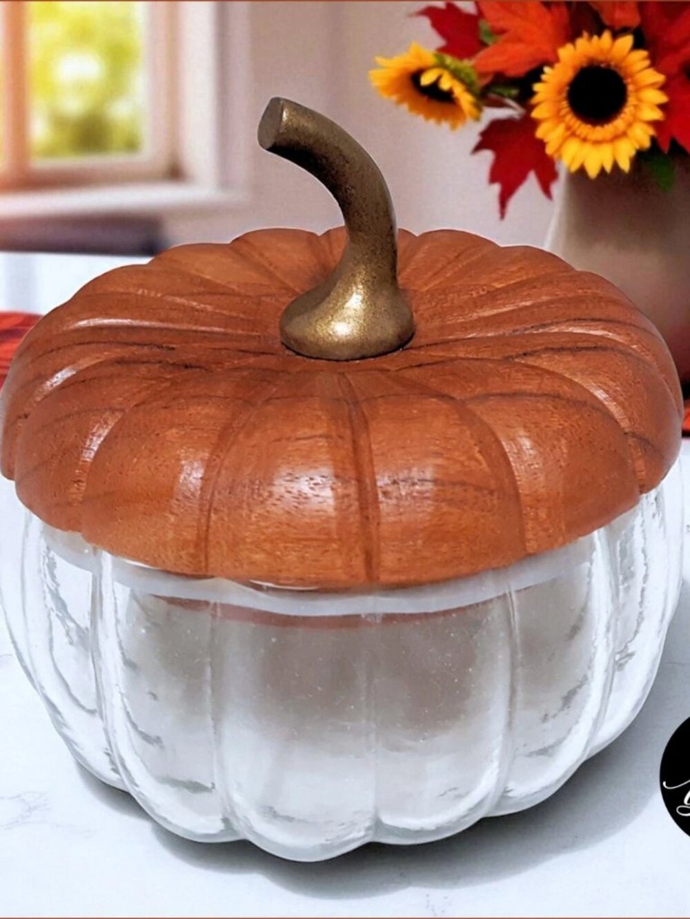 Pottery Barn Pumpkin Shaped Glass Bowl W/ Lid 5" NEW Glass Thanksgiving Fall